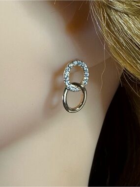 18K Gold Plated CZ Double Circle Stud Earrings | Linked Drop Style NWT